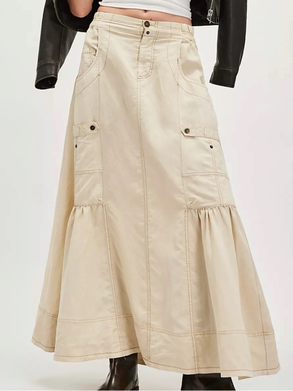 Free People Grunge 90s Cargo Rough Riding Maxi Skirt Birch Neutral Large Bella - Picture 3 of 13